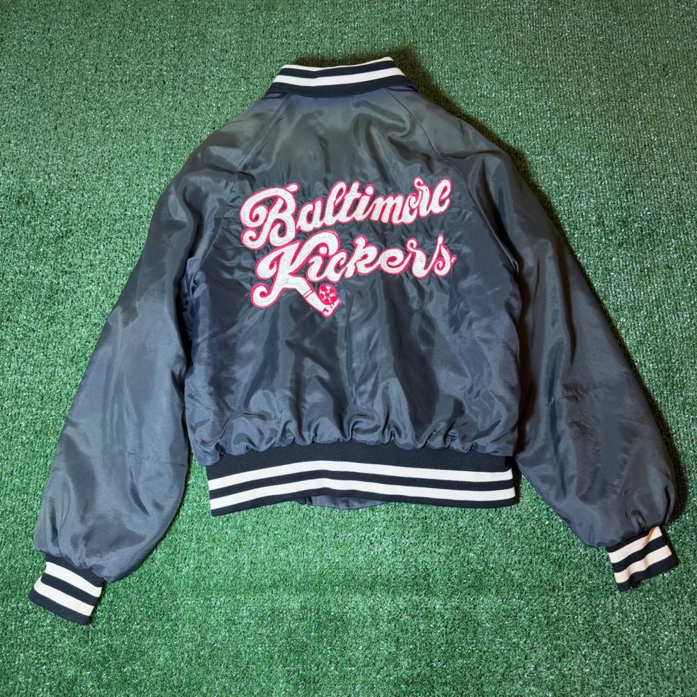 Vintage 50s Baltimore Kickers Soccer Varsity Bomber Jacket Black Pink Erika S/M